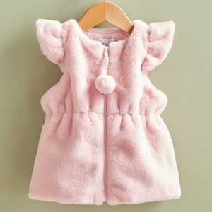 Mud Pie 12-18m NWT pink cinched faux fur vest minky soft pom pom flutter sleeves